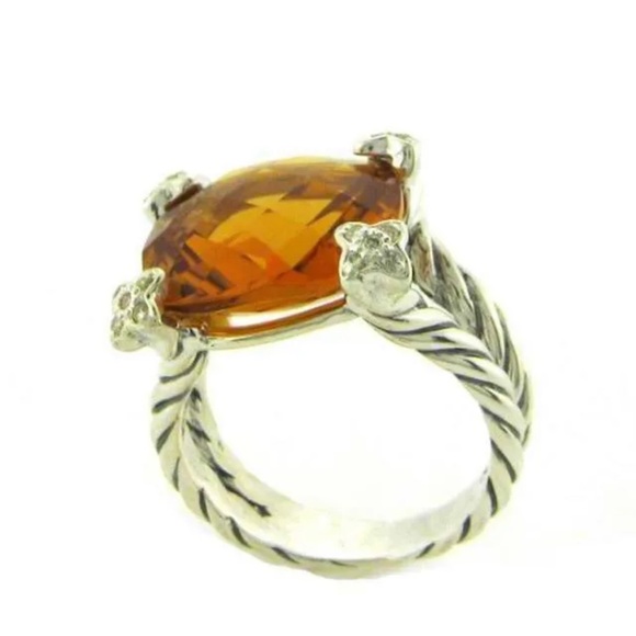David Yurman Citrine On Point Silver Cable Ring Diamonds 20mm Cushion Cut 6.5 - Picture 5 of 10